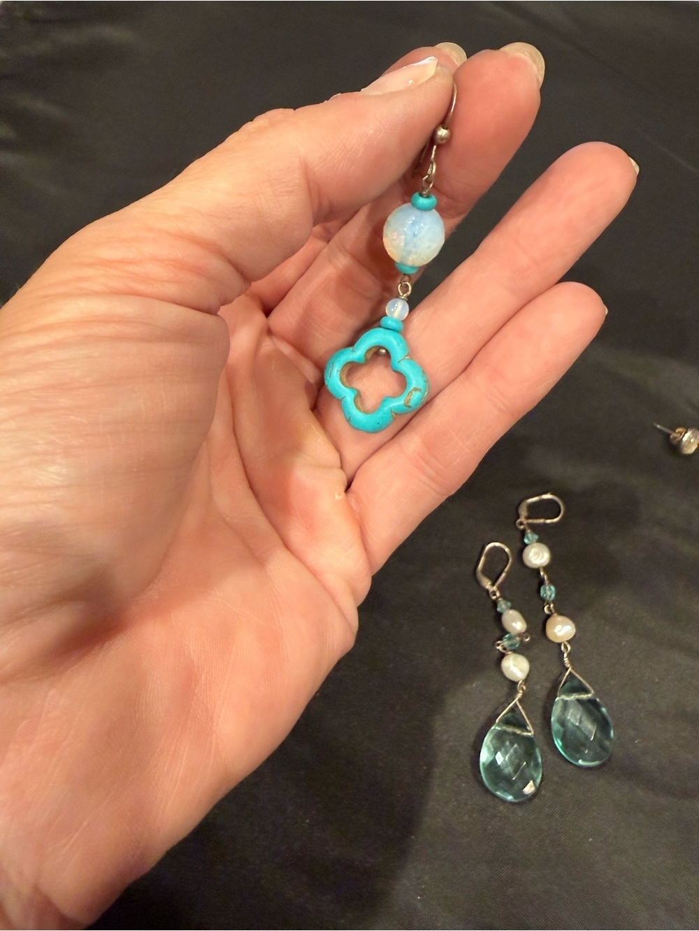 3 Pairs Earrings Druzy Quartz Studs + Blue Topaz Crystal Drops +Turquoise Clover - Picture 13 of 13